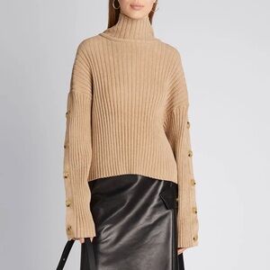 Proenza Schouler tan ribbed button trim two tone sweater